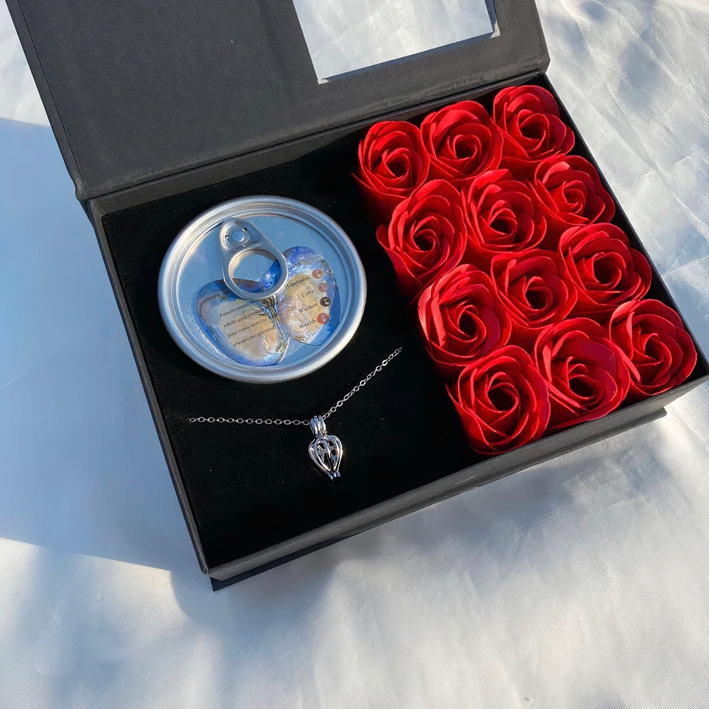Red Rose Box with Pearl Necklace in Oyster